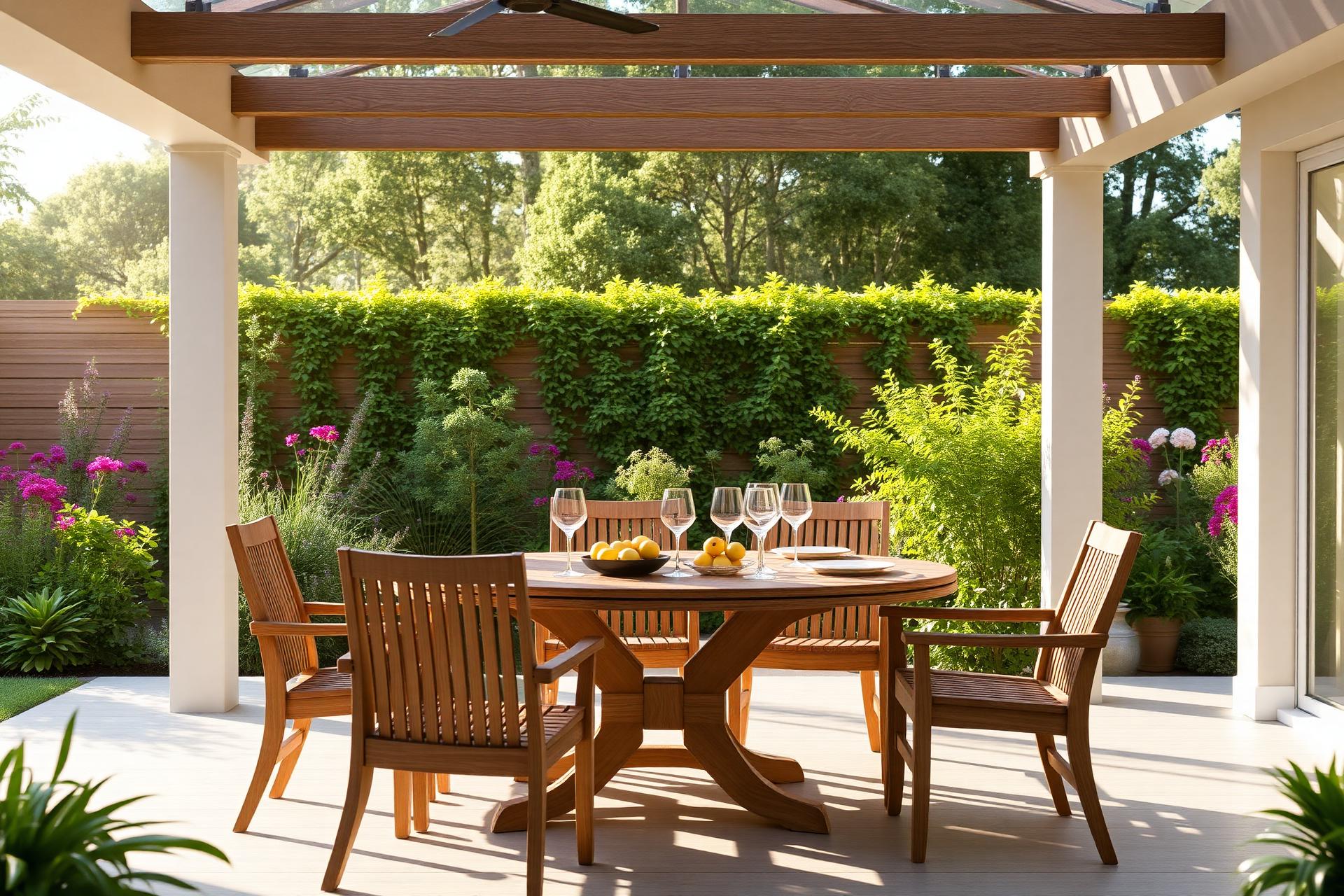 Sonniger Gartenpatio mit gedecktem Tisch